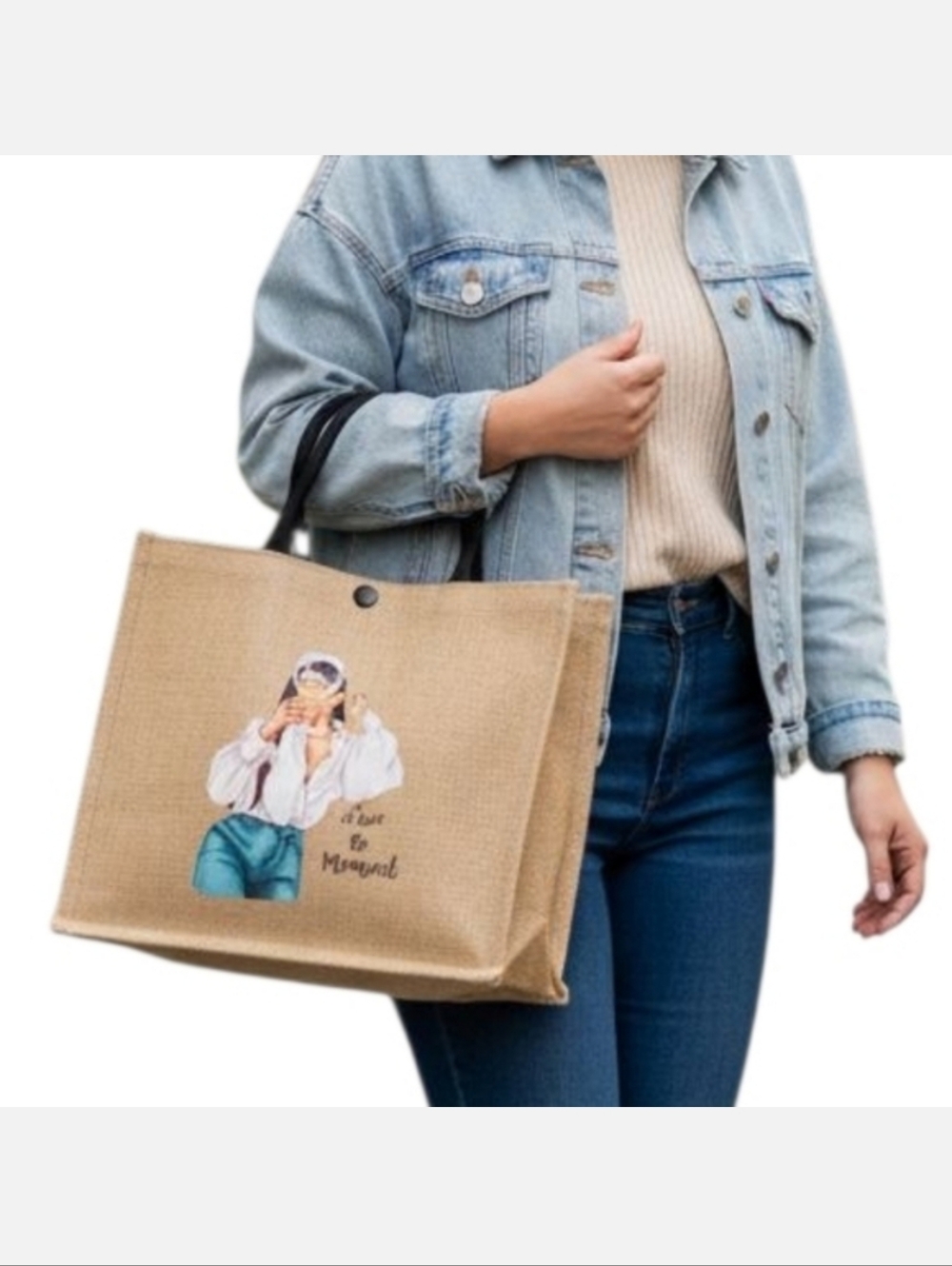 ​Large Natural Jute Burlap Tote / Graphic Shoulder Bag